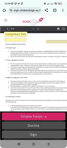 Form showing mandatory custom fields that must be completed before signing