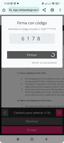 Notification with the security code sent to the user for identity confirmation