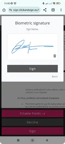 Biometric signature interface where the user draws their signature in a box