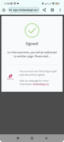 Confirmation screen indicating the signature has been successfully completed