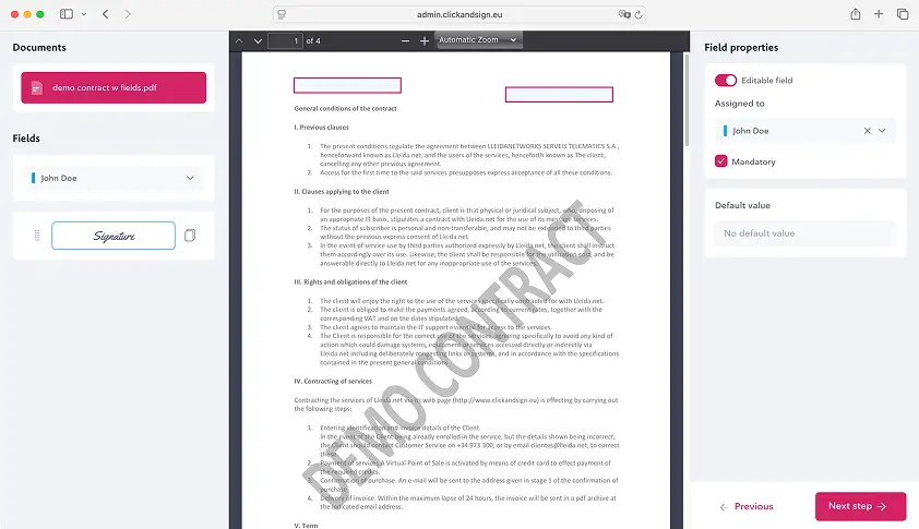 Set up editable fields and assign to signatories
