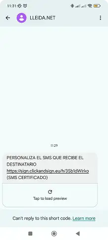 Mensaje recibido por el usuario con un enlace directo al documento para su revisión y firma