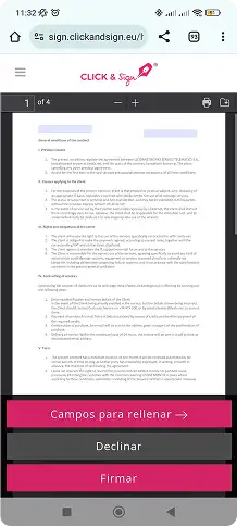Pantalla de vista previa del documento con opciones de firma visibles