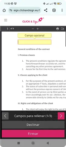 Formulario con campos personalizables obligatorios que deben rellenarse antes de firmar