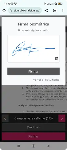 Interfaz de firma biométrica donde el usuario dibuja su firma en un recuadro