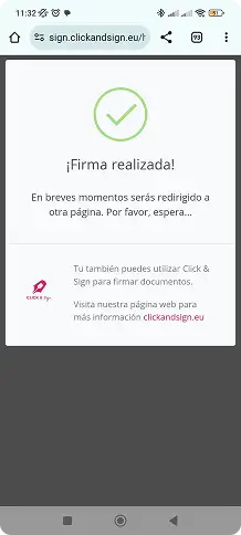 Pantalla de confirmación mostrando que la firma ha sido realizada correctamente
