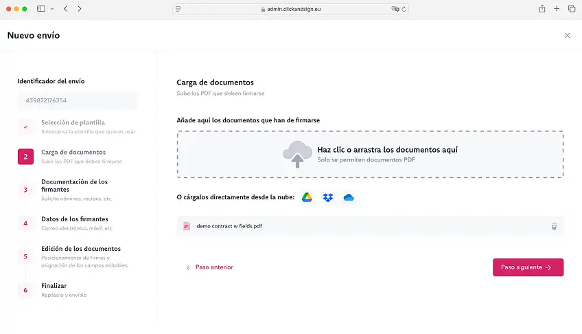 Subida de documento PDF y selección de plantilla en Click & Sign