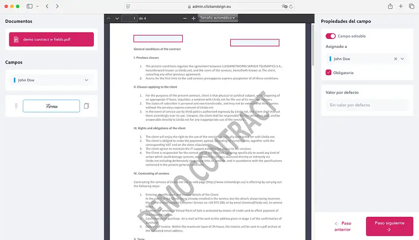 Configuración de campos editables y asignación a firmantes