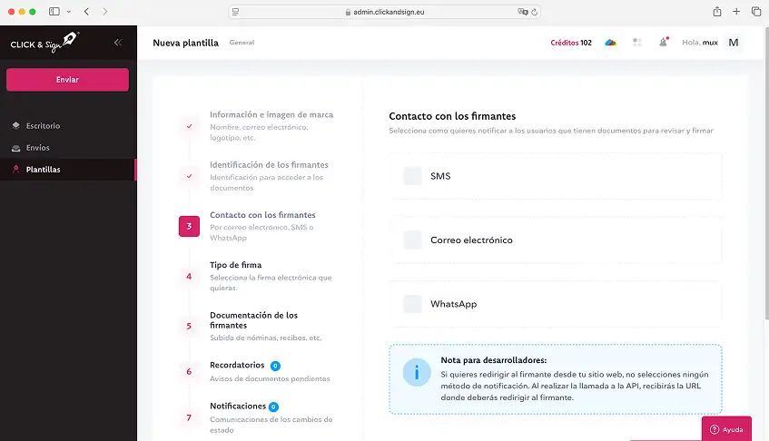 Elección del canal de envío: correo, SMS o WhatsApp